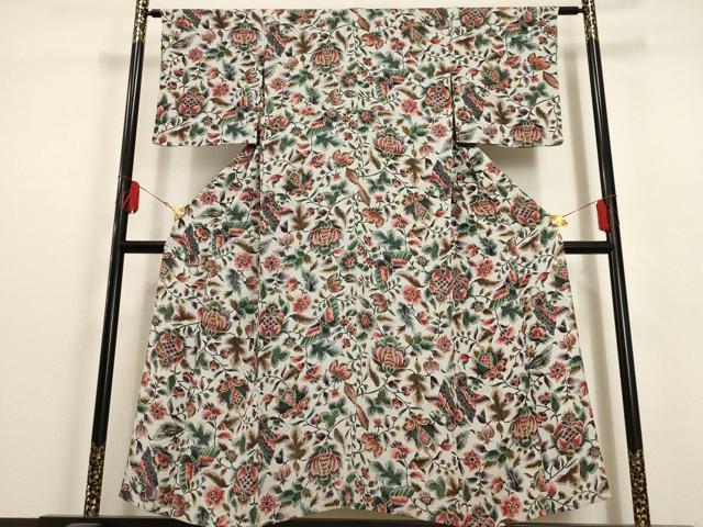 平和屋着物▽上質な小紋 単衣 更紗花蝶文 鬼しぼ縮緬 正絹 逸品 AAAU6451iu