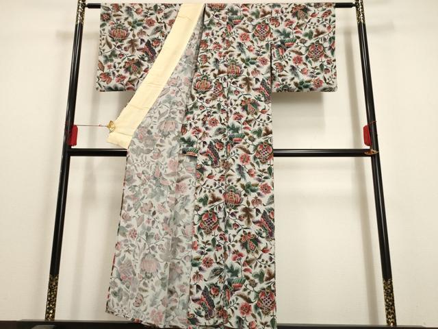 平和屋着物▽上質な小紋 単衣 更紗花蝶文 鬼しぼ縮緬 正絹 逸品 AAAU6451iu