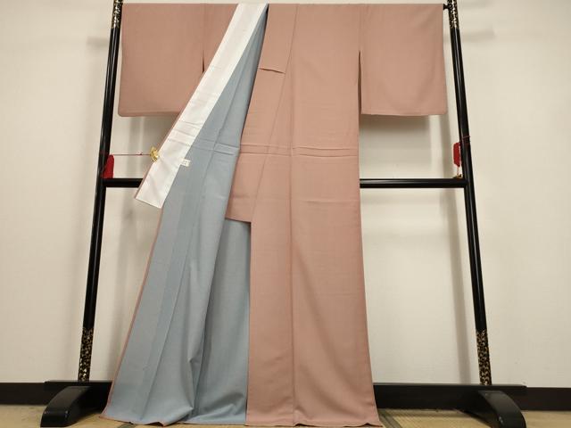 平和屋着物▽江戸小紋　単衣　万筋　樺色×白色　ロング丈　洗える着物　AAAU6456iu