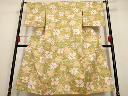 平和屋着物▽上質な紬 単衣 草花文 正絹 逸品 AAAU6458iu