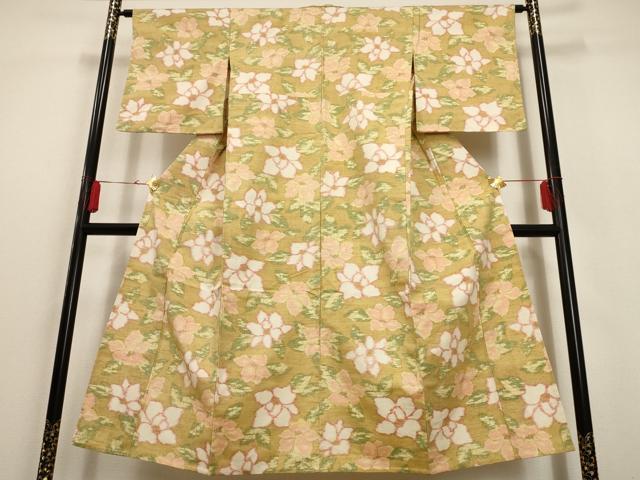 平和屋着物▽上質な紬 単衣 草花文 正絹 逸品 AAAU6458iu