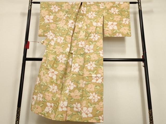 平和屋着物▽上質な紬 単衣 草花文 正絹 逸品 AAAU6458iu