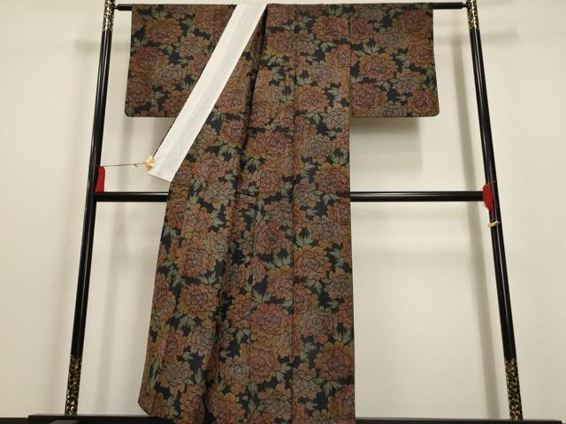 平和屋着物▽上質な紬 単衣 洋花文 正絹 逸品 AAAU6459iu
