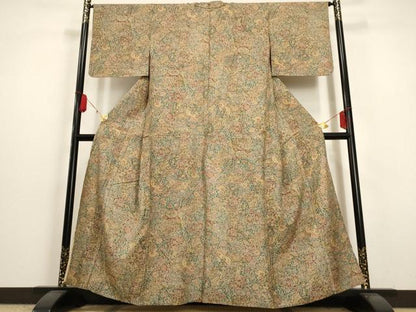 平和屋着物▽上質な小紋 単衣 切嵌更紗花文 正絹 逸品 AAAU6460iu