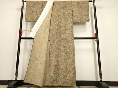 平和屋着物▽上質な小紋 単衣 切嵌更紗花文 正絹 逸品 AAAU6460iu
