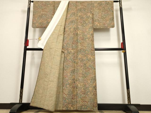 平和屋着物▽上質な小紋 単衣 切嵌更紗花文 正絹 逸品 AAAU6460iu