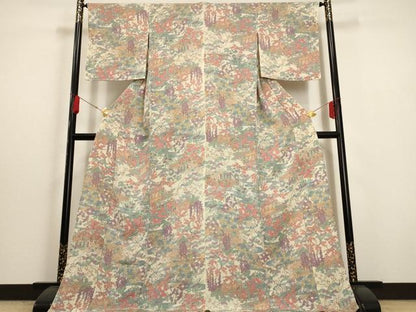 平和屋着物▽上質な小紋 単衣 風景草花文 鬼しぼ縮緬 ロング丈 正絹 逸品 未使用 AAAU6468iu