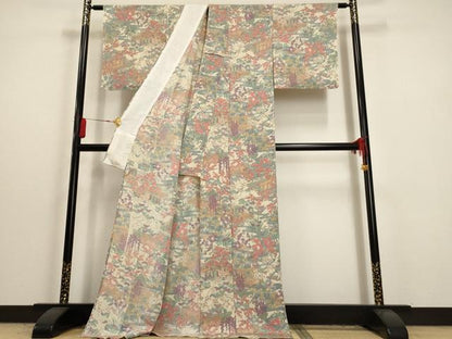 平和屋着物▽上質な小紋 単衣 風景草花文 鬼しぼ縮緬 ロング丈 正絹 逸品 未使用 AAAU6468iu