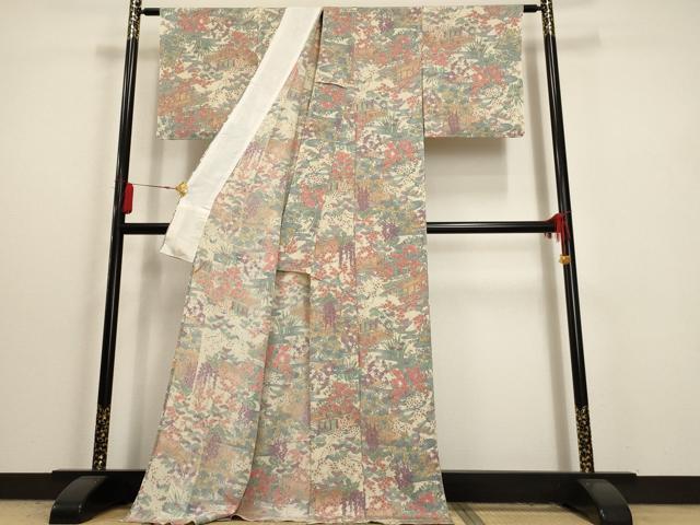 平和屋着物▽上質な小紋 単衣 風景草花文 鬼しぼ縮緬 ロング丈 正絹 逸品 未使用 AAAU6468iu