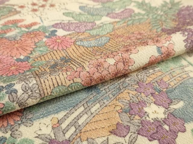 平和屋着物▽上質な小紋 単衣 風景草花文 鬼しぼ縮緬 ロング丈 正絹 逸品 未使用 AAAU6468iu