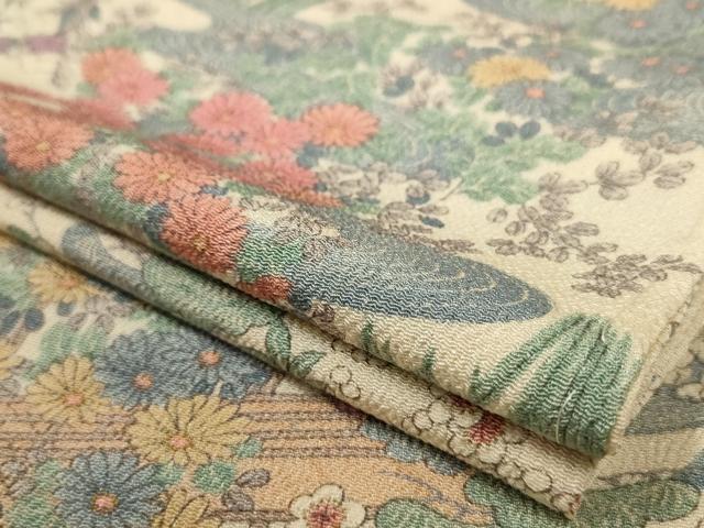 平和屋着物▽上質な小紋 単衣 風景草花文 鬼しぼ縮緬 ロング丈 正絹 逸品 未使用 AAAU6468iu