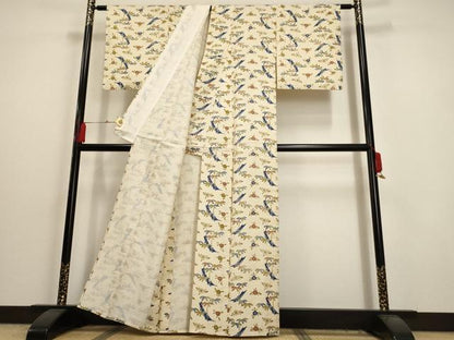 平和屋着物▽上質な小紋　単衣　紬地　型染め　桜　竹　正絹　逸品　AAAU6470iu