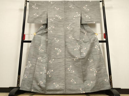 平和屋着物▽上質な紬 単衣 草花文 正絹 逸品 AAAU6471iu