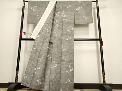 平和屋着物▽上質な紬 単衣 草花文 正絹 逸品 AAAU6471iu