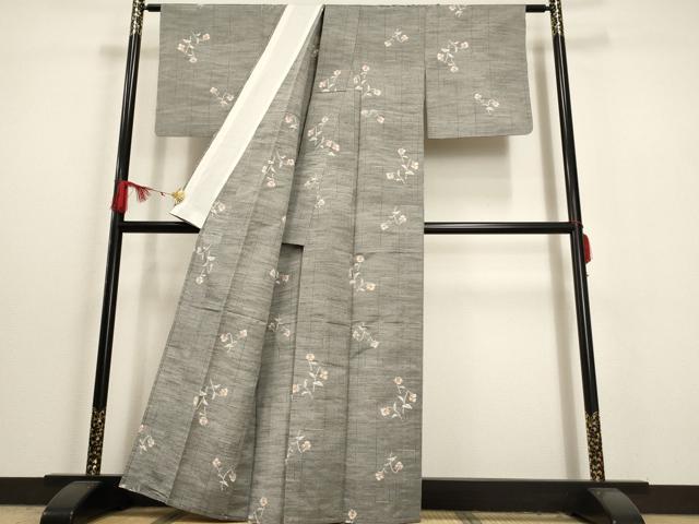 平和屋着物▽上質な紬 単衣 草花文 正絹 逸品 AAAU6471iu