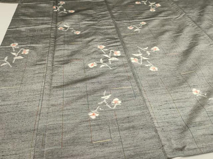 平和屋着物▽上質な紬 単衣 草花文 正絹 逸品 AAAU6471iu