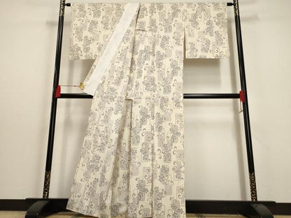 平和屋着物▽上質な紬 単衣 色紙重ね花唐草文 正絹 逸品 AAAU6479iu