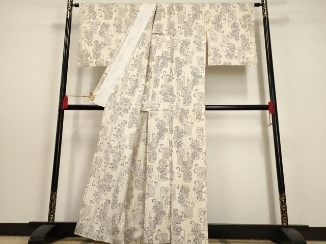 平和屋着物▽上質な紬 単衣 色紙重ね花唐草文 正絹 逸品 AAAU6479iu