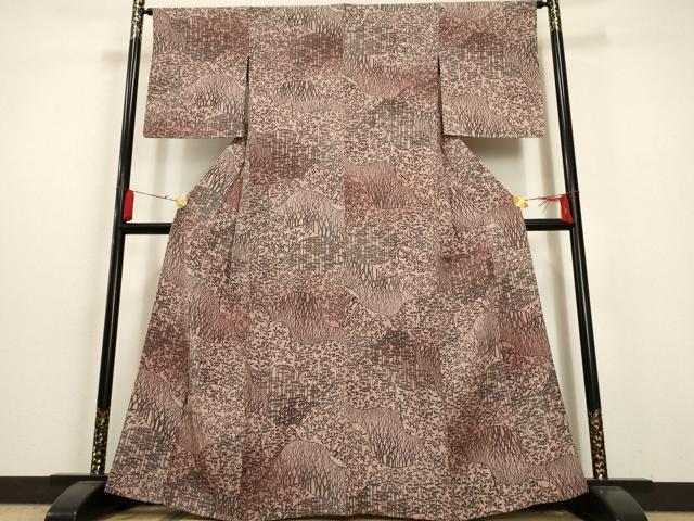 平和屋着物▽上質な小紋　単衣　型染め　霞取り枝葉文　暈し染め　正絹　逸品　未使用　AAAU6483iu