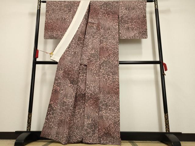 平和屋着物▽上質な小紋　単衣　型染め　霞取り枝葉文　暈し染め　正絹　逸品　未使用　AAAU6483iu