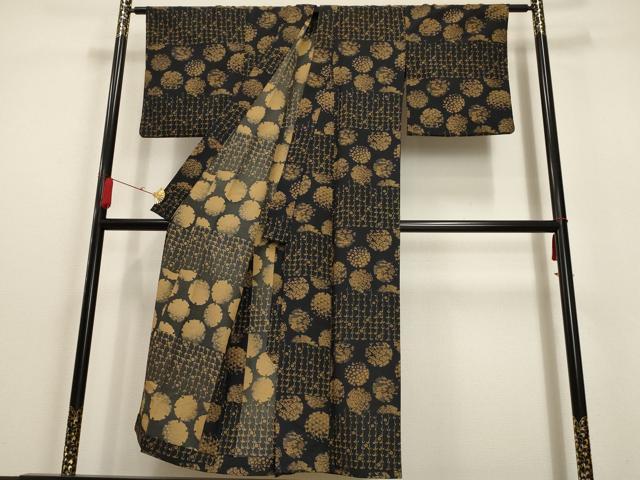 平和屋着物▽小紋 単衣 雪輪草花文 黒地 洗える着物 AAAU6490iu