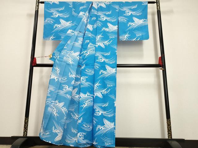 平和屋着物▽小紋 単衣 立波舟文 洗える着物 未使用 AAAU6493iu