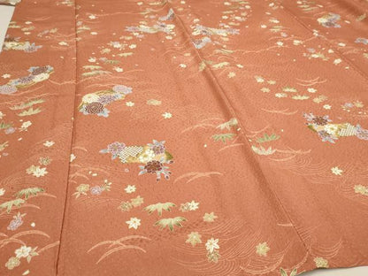 平和屋着物▽小紋 単衣 地紙草花文 金彩 洗える着物 AAAU6500iu