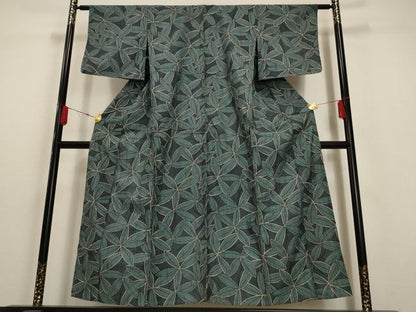 平和屋着物▽上質な紬 単衣 葉尽くし 正絹 逸品 AAAU6503iu