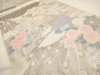 平和屋着物◎六通柄袋帯 唐織 孔雀花文 プラチナ箔二重織 正絹 逸品 AAAU7180dt
