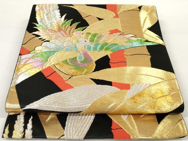 平和屋着物◎六通柄袋帯 唐織 笹竹鳳凰文 黒地 金銀糸 正絹 逸品 AAAU7261sg