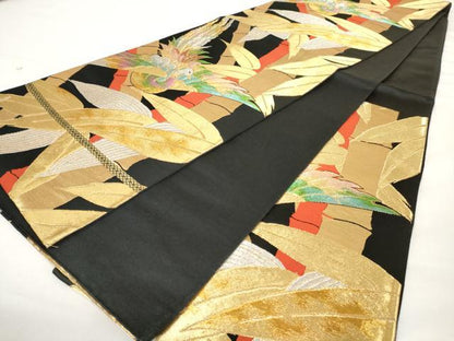 平和屋着物◎六通柄袋帯 唐織 笹竹鳳凰文 黒地 金銀糸 正絹 逸品 AAAU7261sg
