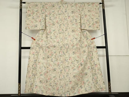 平和屋着物▽上質な紬 単衣 ちぢみ織り 花唐草文 正絹 逸品 AAAU7436cs