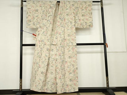 平和屋着物▽上質な紬 単衣 ちぢみ織り 花唐草文 正絹 逸品 AAAU7436cs