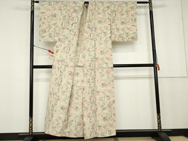 平和屋着物▽上質な紬 単衣 ちぢみ織り 花唐草文 正絹 逸品 AAAU7436cs