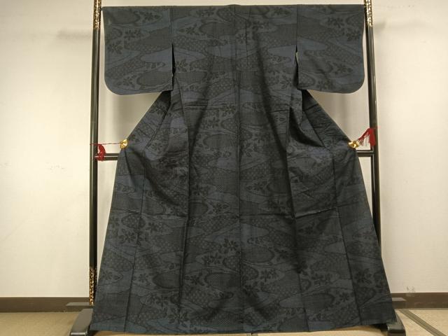 平和屋着物▽結城紬 単衣 100亀甲 霞取り花文 正絹 逸品 AAAU7953fy