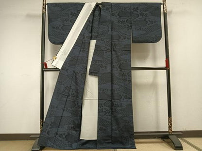 平和屋着物▽結城紬 単衣 100亀甲 霞取り花文 正絹 逸品 AAAU7953fy