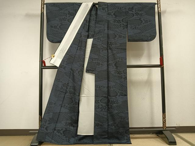平和屋着物▽結城紬 単衣 100亀甲 霞取り花文 正絹 逸品 AAAU7953fy