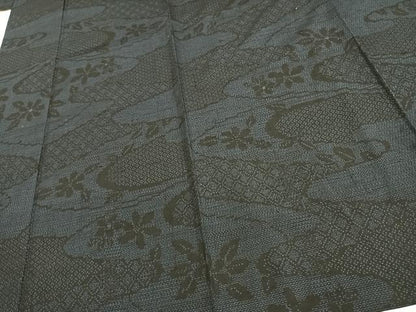 平和屋着物▽結城紬 単衣 100亀甲 霞取り花文 正絹 逸品 AAAU7953fy