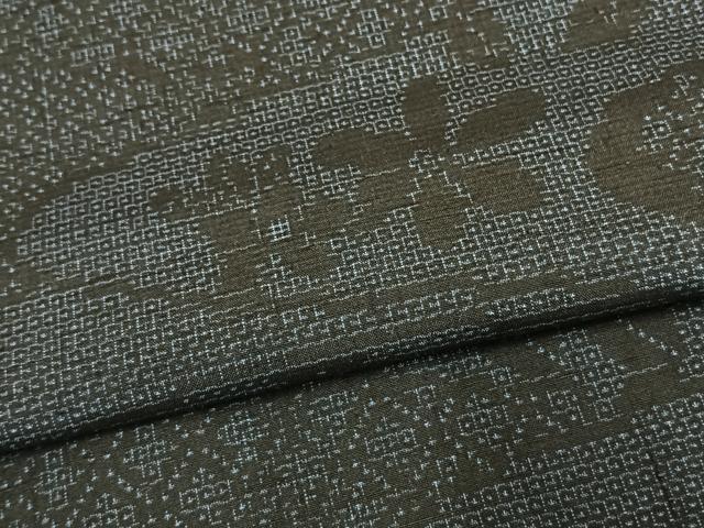 平和屋着物▽結城紬 単衣 100亀甲 霞取り花文 正絹 逸品 AAAU7953fy