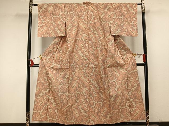 平和屋着物▽上質な紬 単衣 草花文 正絹 逸品 AAAU7954fy