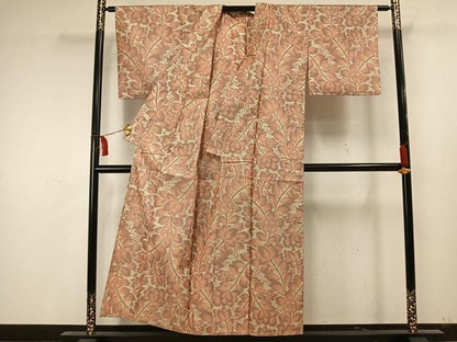 平和屋着物▽上質な紬 単衣 草花文 正絹 逸品 AAAU7954fy