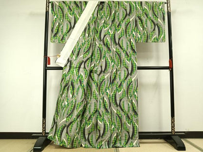 平和屋着物▽上質な紬 単衣 よろけ縞 正絹 逸品 AAAU7955fy