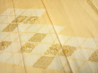 平和屋着物▽訪問着　単衣　絞り　刺繍　唐草花文　正絹　逸品　AAAU7983fy