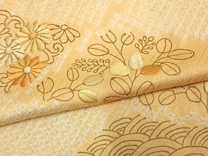 平和屋着物▽訪問着　単衣　絞り　刺繍　唐草花文　正絹　逸品　AAAU7983fy