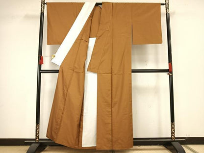 平和屋着物▽上質な紬 単衣 色無地 黄唐茶色 正絹 逸品 未使用 AAAU7986fy