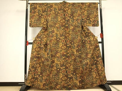 平和屋着物▽上質な小紋　単衣　紬地　草花文　正絹　逸品　AAAU7988fy
