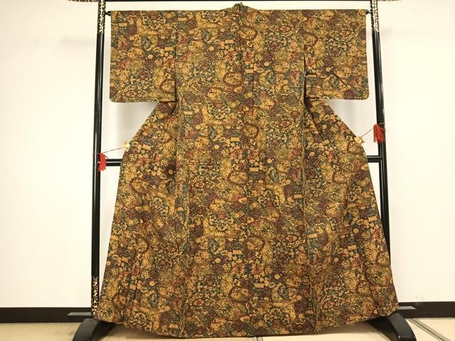 平和屋着物▽上質な小紋　単衣　紬地　草花文　正絹　逸品　AAAU7988fy