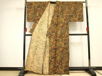 平和屋着物▽上質な小紋　単衣　紬地　草花文　正絹　逸品　AAAU7988fy
