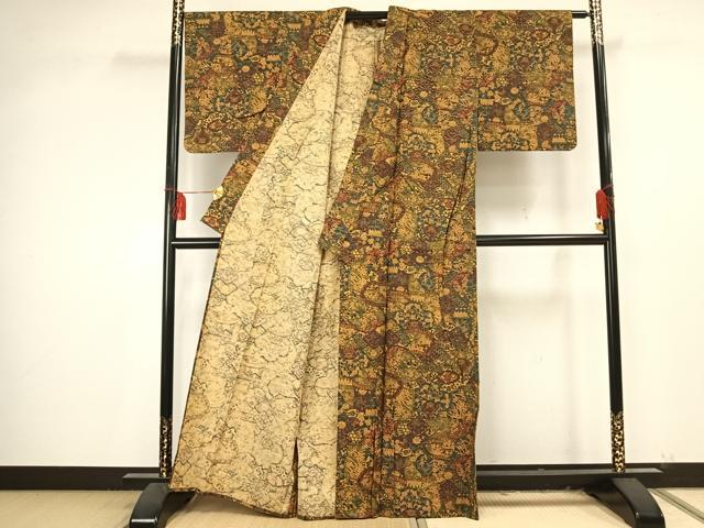 平和屋着物▽上質な小紋　単衣　紬地　草花文　正絹　逸品　AAAU7988fy