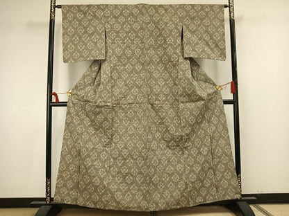 平和屋着物▽上質な紬　単衣　幾何学花文　正絹　逸品　AAAU7989fy